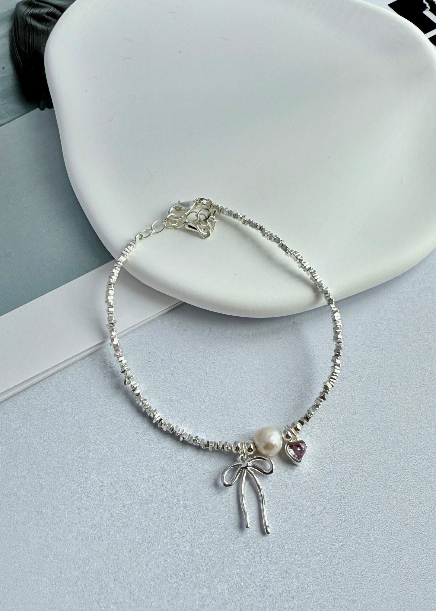Silver Metal Bow Heart Bracelet