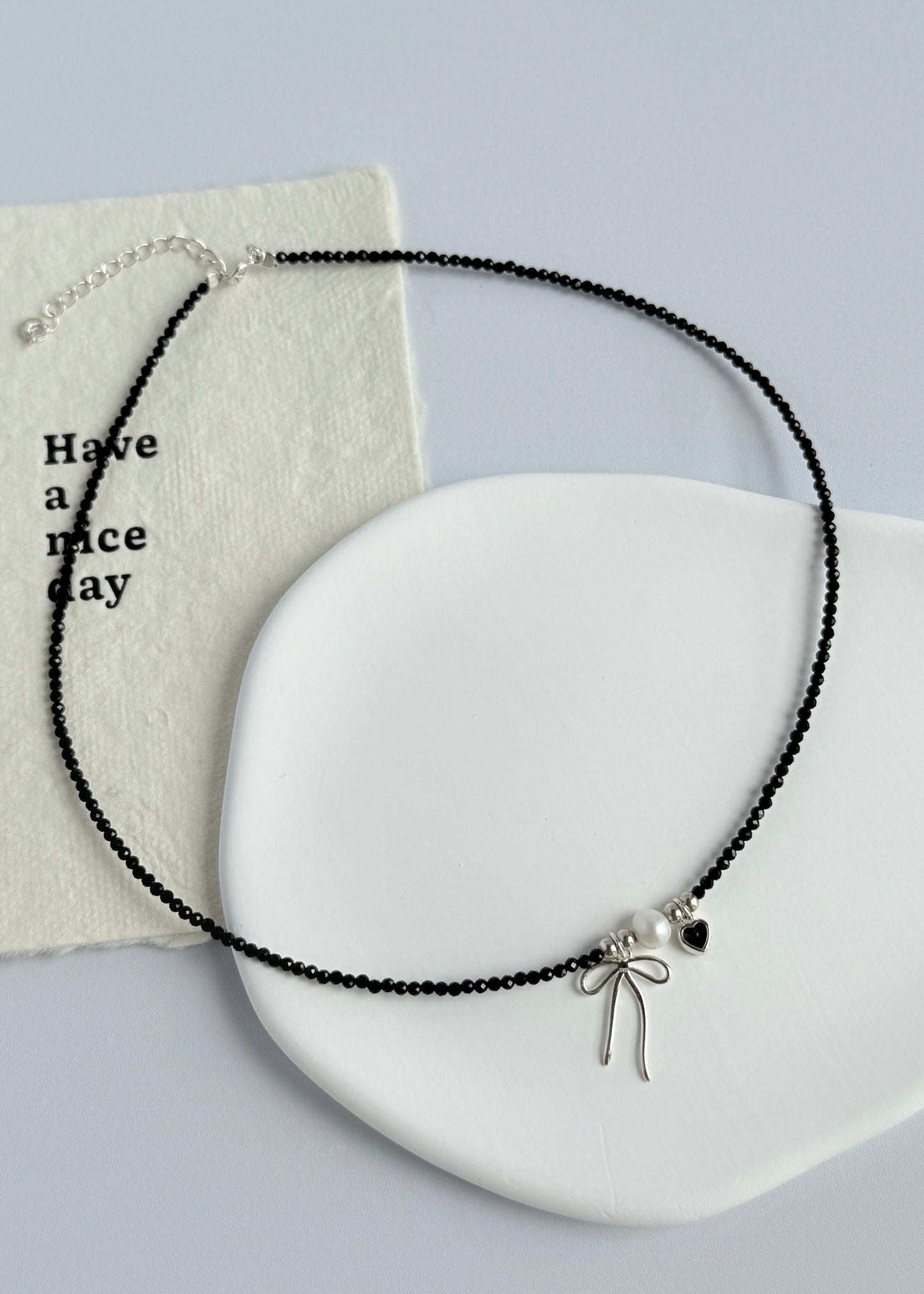 Bowknot Black Heart Freshwater Pearl Beaded Necklace