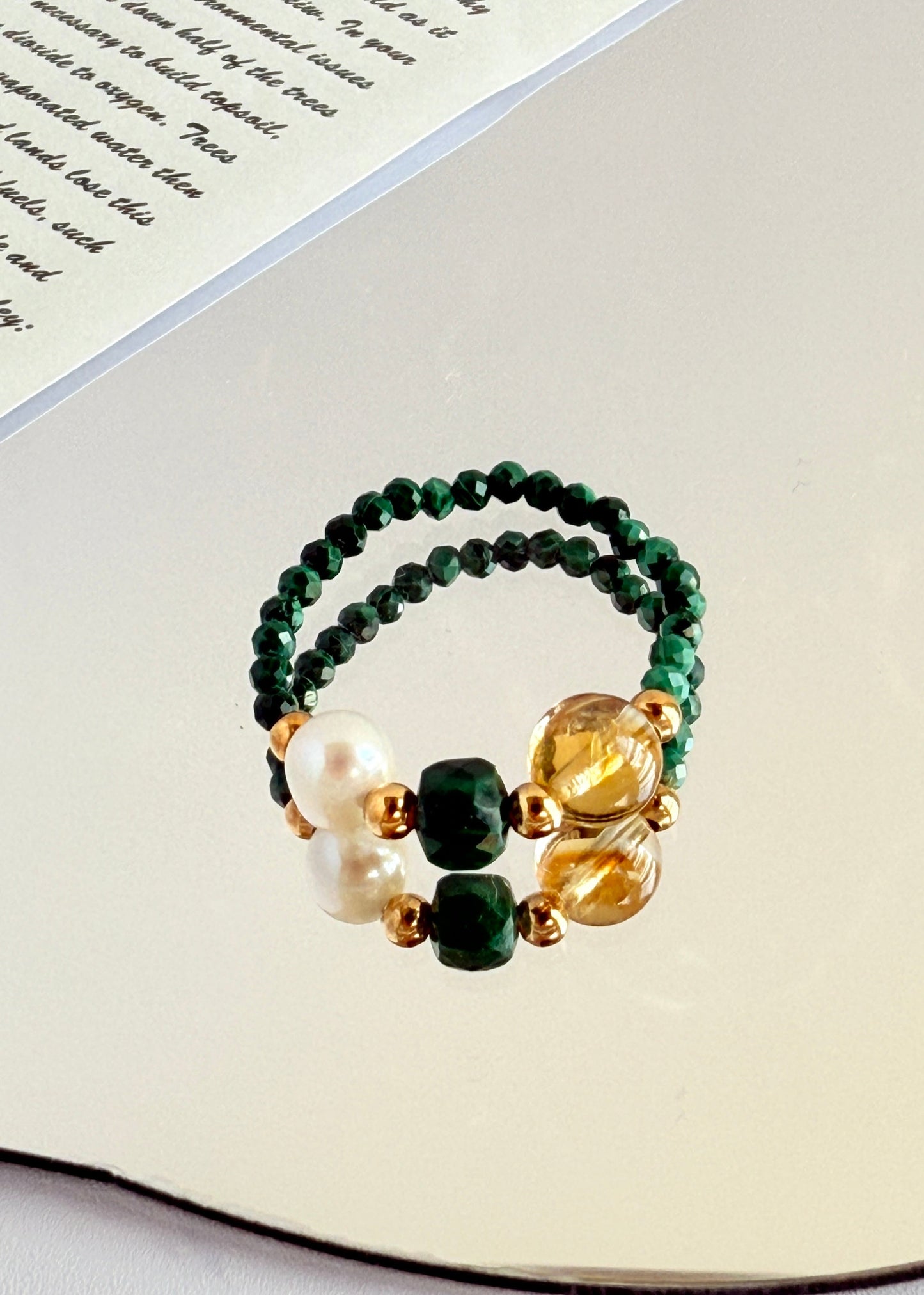 Golden Rutilated Quartz Freshwater Pearl Beaded Ring