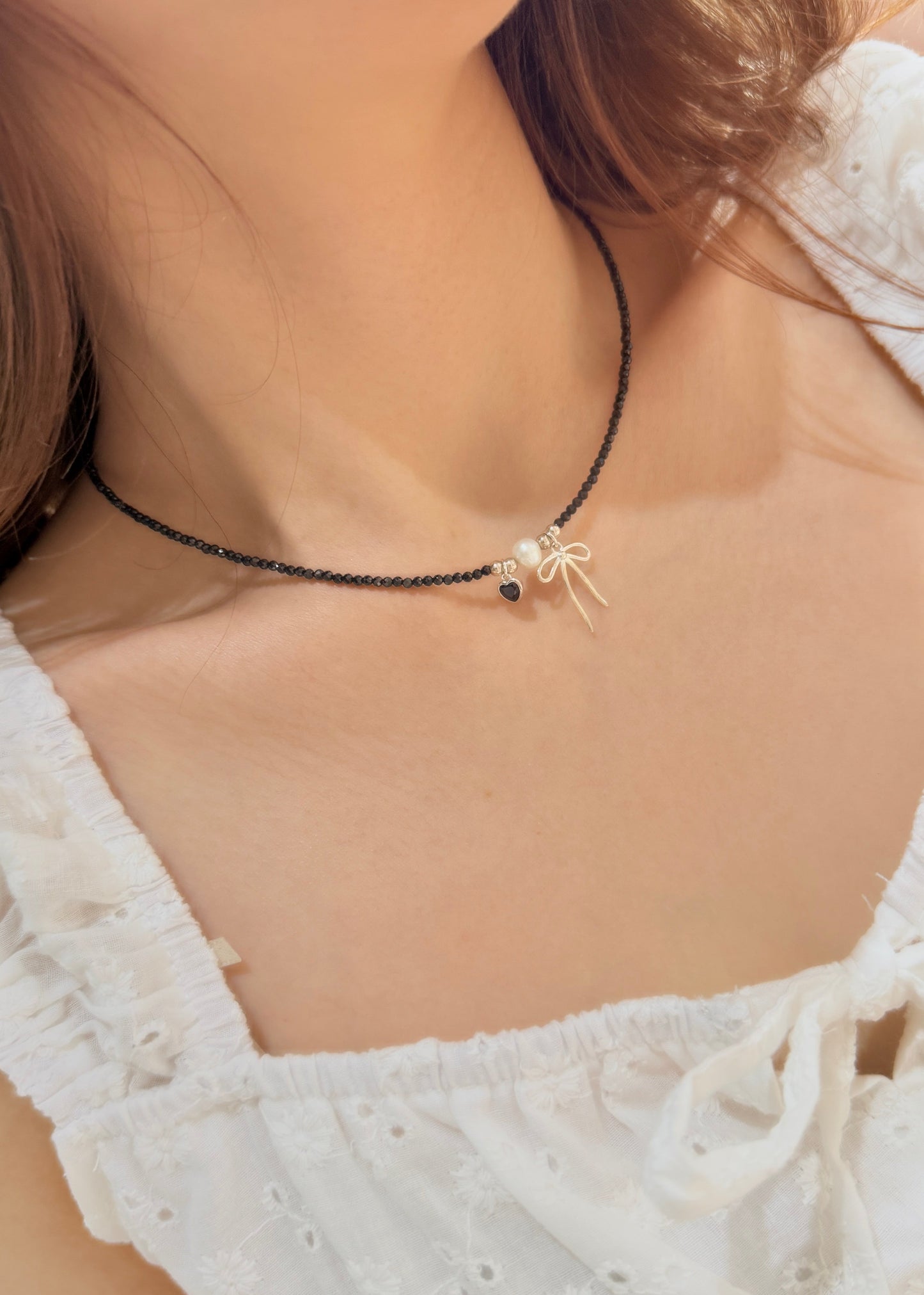 Bowknot Black Heart Freshwater Pearl Beaded Necklace