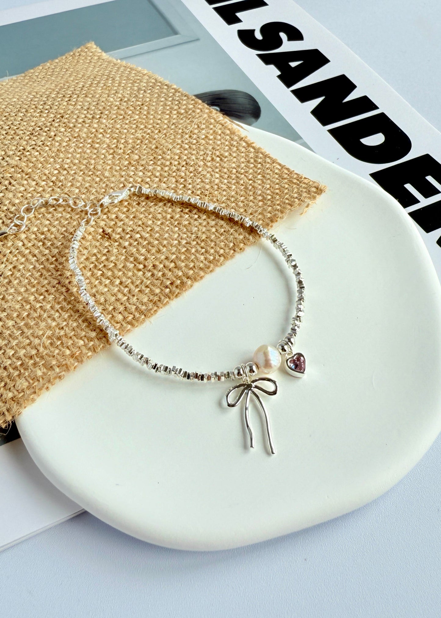 Silver Metal Bow Heart Bracelet