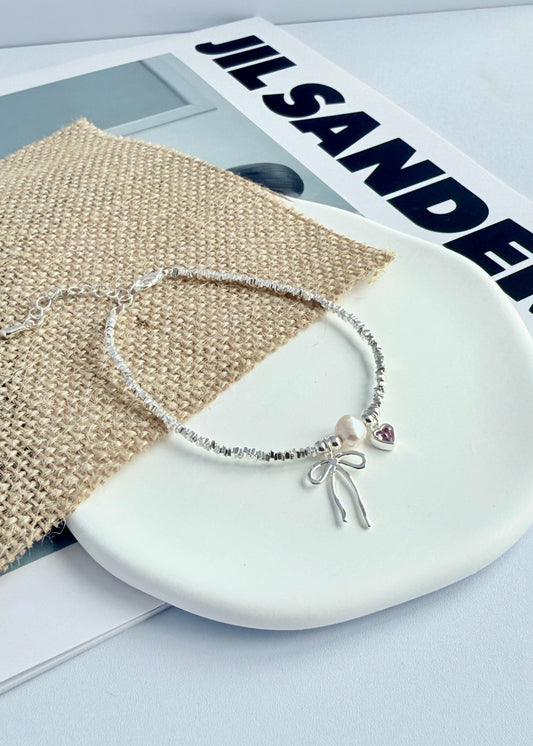 Silver Metal Bow Heart Bracelet