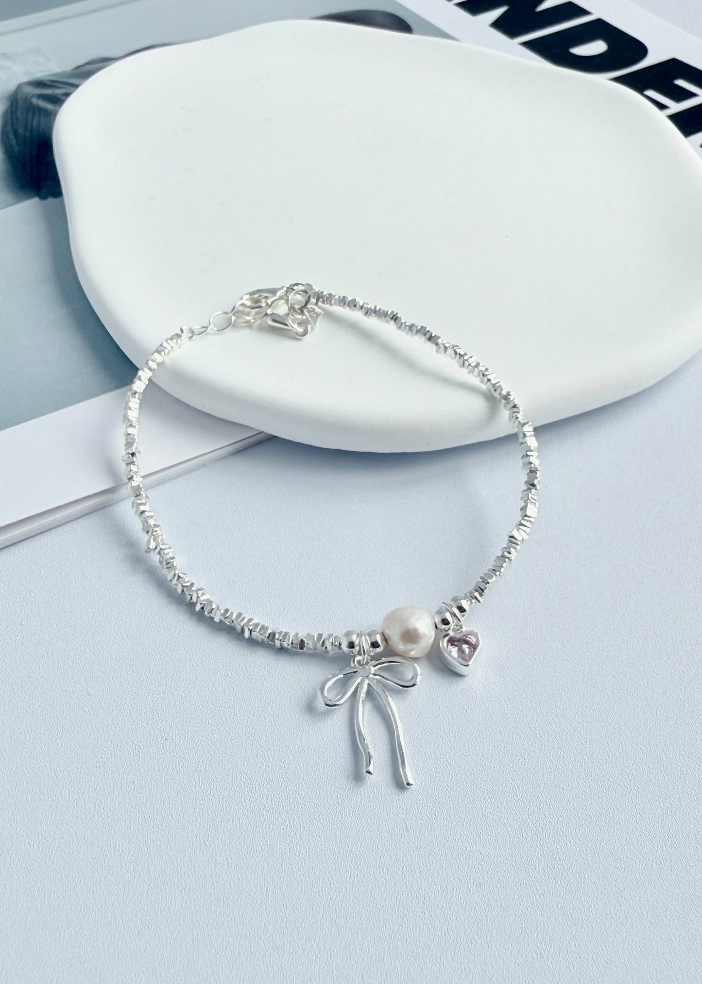 Silver Metal Bow Heart Bracelet