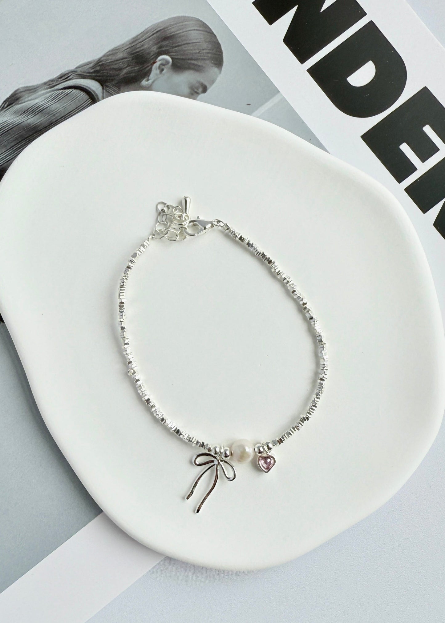 Silver Metal Bow Heart Bracelet