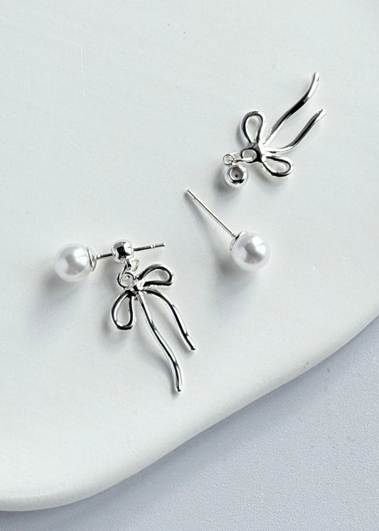 Two-piece Ribbon Bow Pearl Earrings