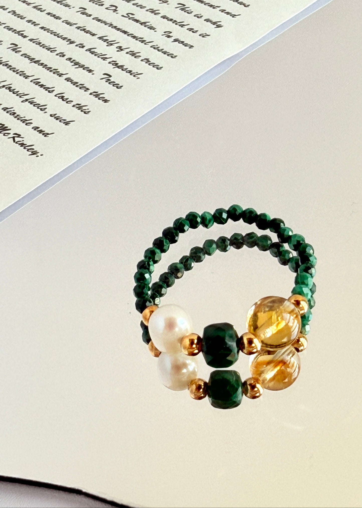 Golden Rutilated Quartz Freshwater Pearl Beaded Ring
