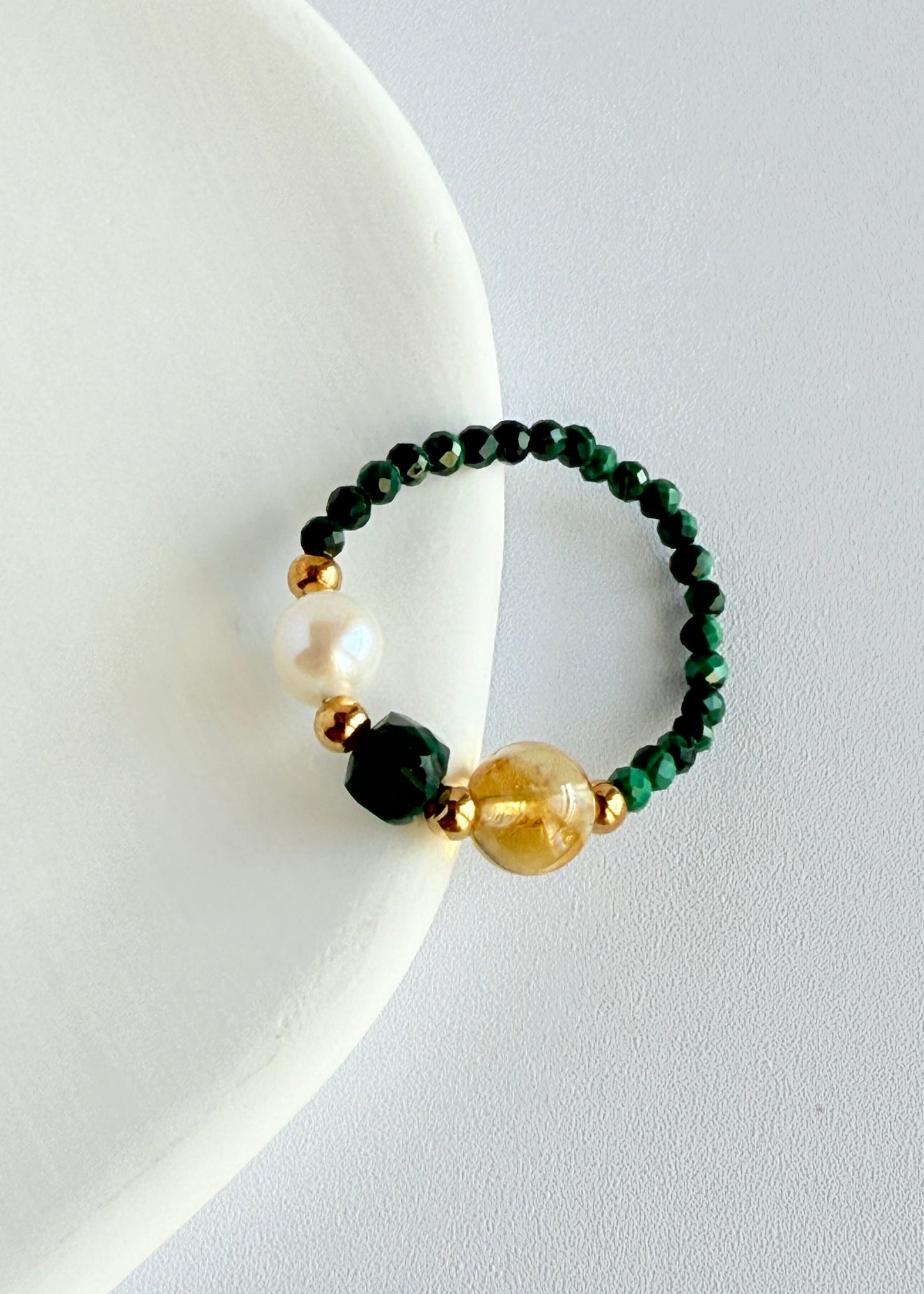 Golden Rutilated Quartz Freshwater Pearl Beaded Ring