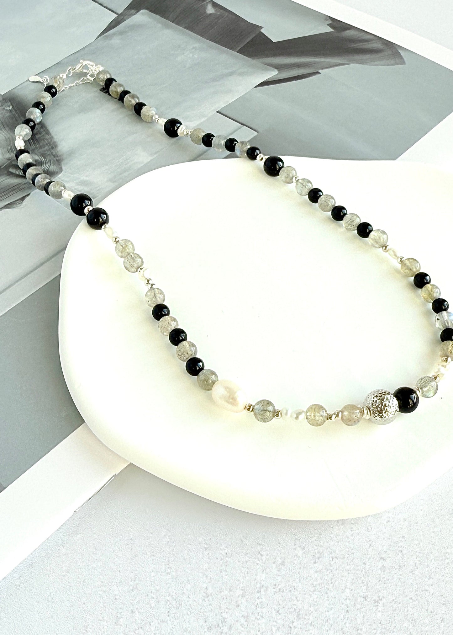 Labradorite Silver Ball Beaded Freshwater Pearl Necklace