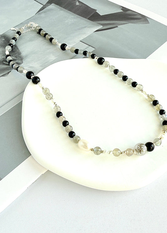 Labradorite Silver Ball Beaded Freshwater Pearl Necklace